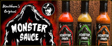 Load image into Gallery viewer, Monster Sauce 'Rogue Red Chili', 'Swamp Sensation', 'Howling Habanero' Hot Sauce Variety 3 pack