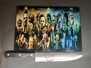Horror Collection Sublimated Glass Cutting Board With Matching Knife