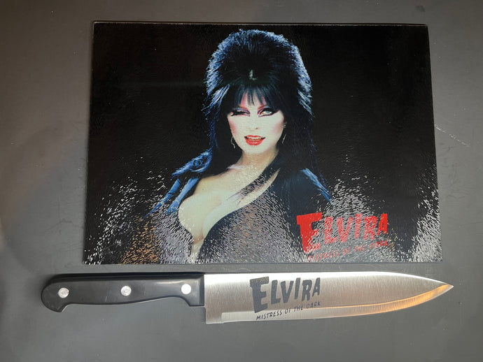 Elvira Mistress Of The Dark Sublimated Glass Cutting Board With Matching Knife